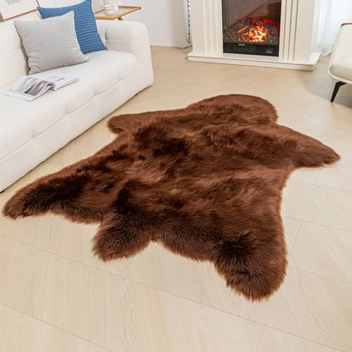 AbunHeri Brauner Bär-Teppich aus Rindsleder, Tierdruck, Kunstfell-Teppich, Dekoration für Wohnzimmer, Braun, 1,5 x 1,8 m
