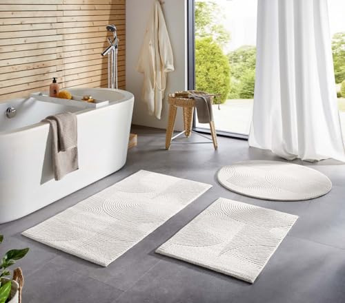 Taracarpet Badematte Homestyle rutschfest waschbar Badezimmerteppich Bad-Vorleger, WC Deko, Duschvorleger für Dusche und Badewannen sehr weich und kombinierbar Creme Wellen 120 cm rund