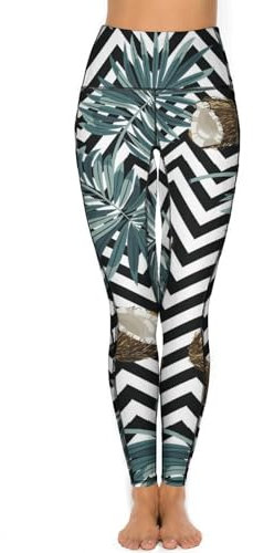 FJQWKLF Yogahose mit tropischem Kokosnuss-Muster und Taschen, hohe Taille, Workout-Leggings, Gym-Leggings für Damen