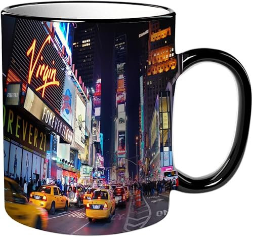 KDWJS Tasse Keramik Kaffeetassen Große 11oz Tassen 330ml Trinkgläser Mit Griff Personalisierte Geschenk Weiß,New York Times Square Broadway Theater und animierte LED-Schilder New York City USA