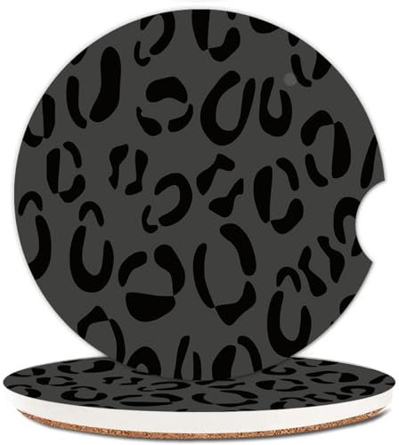 2 Pack Absorbent Car Coasters for Cup Holders,Ceramic Coasters with Cork Back and Finger Slot,2.56 Cupholder Accessories to Keep Your Car Cup Holders Clean and Dry(Black Leopard)