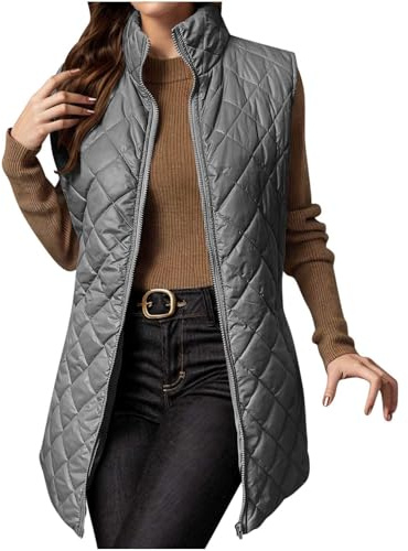 OVARA Women's Quilted Gilet Longline Stand Collar Lightweight Zip Padded Vest Thermal Comfy Casual Plain Puffer Gilets Ladies Body Warmers Long Sleeveless Jacket