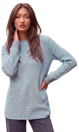 Roman Originals Contrast Cuff Knit Jumper for Women UK - Ladies Everyday Autumn Winter Round Neckline Comfy Soft Evening Vacation Work Party Night Out