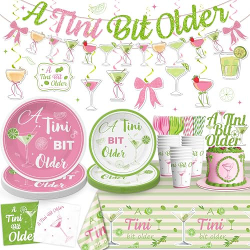 162pcs A Tiny Bit Older Birthday Decorations Include Martini Plates and Napkins Set, Banner, Hanging, Tablecloth, Cake Topper, for Girl Women Birthday Bridal Wedding Baby Shower Decoration Serve 25
