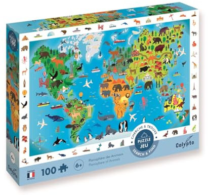 Calypto 3907504 Tierweltkarte, 100 Teile XL-Puzzle mit Soft-Touch, Kinderpuzzle mit samtiger Oberfläche inkl. Suchspiel und Puzzleposter, für Kinder ab 6 Jahren, Weltkarte, Nachauflage