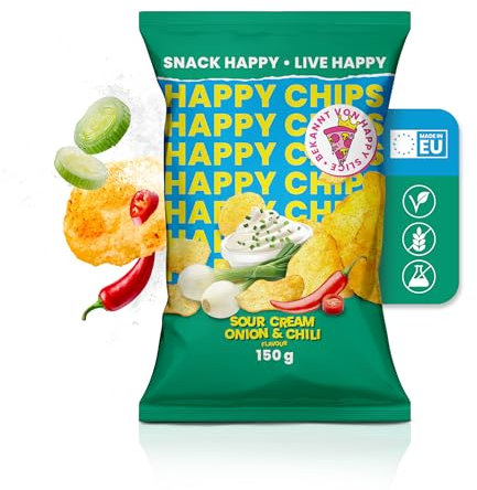 Happy Chips by Trymacs & Knossi® (10x 150g) Sour Cream Onion & Chili | Limited Edition | Extra knusprig | Chips Grosspackung | Party Box | Snackbox | Salzige Snacks | Knabberbox | Chips Box