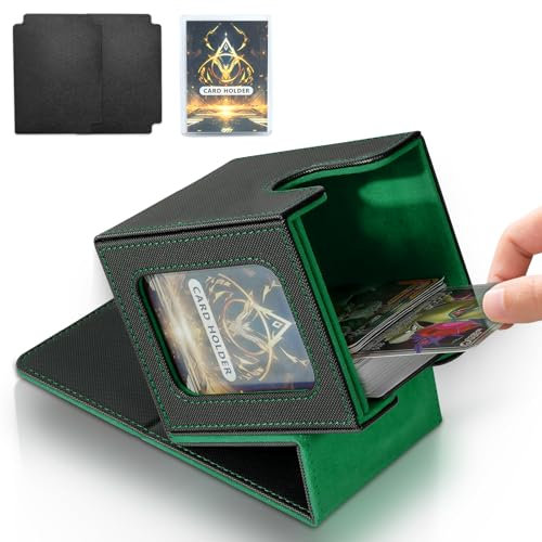 Card Deck Box for MTG Commander,Magnetic Card Display Case with two Dividers,PU Leather Trading Card Storage Box Holds 100 Double-Sleeved Cards,TCG Card Storage Box,Black Green
