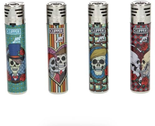 Lot 4 briquets Clipper Jet Rechargeable Chalumeau tempête électronique - Jet Flame Romantic Skulls 2 Tete DE Mort + 1 Cadeau RLBSL Offert !