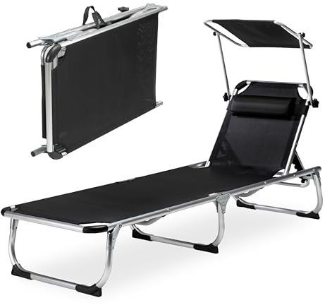 sunnypillow 2er Set Sonnenliege mit Dach, Strandliege klappbar leicht - 150 kg belastbar - Gartenliege aus Aluminium für Garten Balkon Terrassen - Liege mit 7 Fach Verstellbarer Rückenlehne - Schwarz