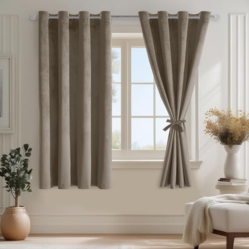 DWCN Taupe Samtvorhang Verdunklungsvorhänge H175 x B140cm Gardinen Kurz | Gardinen mit Ösen Vorhang-Krawatten, Blickdichte Vorhänge Samt Weich Wunderschön Abdunkelnde Vorhänge für Schlafzimmer 2PCS