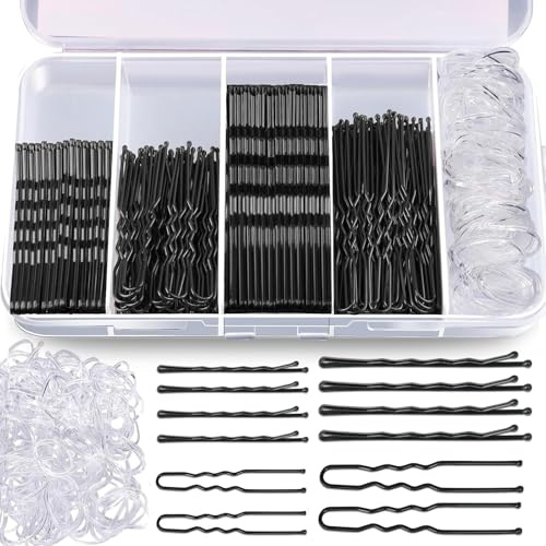 Aucuu Horquillas para El Pelo, 300pc Horquillas en Forma de U, horquillas de metal, Bandas de Goma de Almacenamiento, para Mujeres, Iargos, lacios, Rizados, Todo Tipo de Cabello-Negro