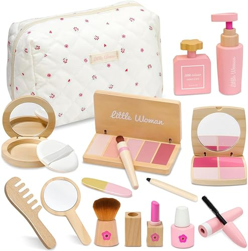Holz Kinderschminke Set, Bacxzomx Mädchen Kinder Schminke Makeup Spielzeug Rollenspiel, Holzspielzeug Weihnachten Geburtstags Geschenk für Mädchen ab 3 4 5 6 Jahre