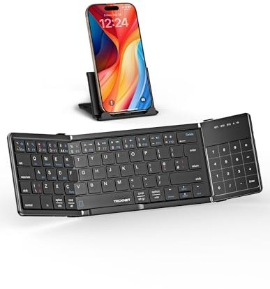 TECKNET Foldable Bluetooth Keyboard, Pocket Size Portable Travel Mini Wireless Keyboard with Touchpad & Numeric Keypad, Rechargeable Keyboards UK layout for Android, iOS, Windows, PC,Tablet,Phone,iPad