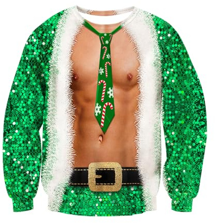 Goodstoworld Weihnachtspullover 3D Druck Männer Grün Pullover Weihnachten Jumper Unisex Ugly Christmas Sweater L