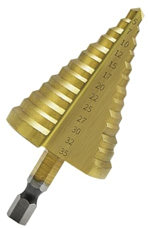 Oiieco Step Drill Bit, HSS Titanium Step Drill Bit Titanium Coated, Cone cutter, Hex Shank Spiral Flute step drill bit For Metal, Hole Cutter Drill Bit for Metal, PVC, Wood (5-35mm Step Bit)