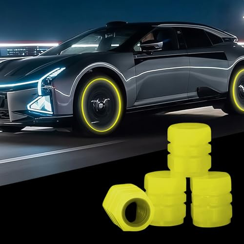 4 Stück Ventilkappen Auto Leuchtend,Universelle Fluoreszierende Reifenventilkappen,Ventilkappen Fahrrad,ABS Kunststoff-Reifen Leucht Ventilkappen für Fahrrad Motorrad,Kfz-Reifenventilstecker (Gelb)