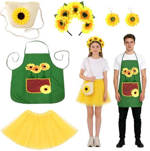 Sonnenblumen Karneval Kostüm Paar, Sonnenblumen Thema Party Outfit für Paare, Damen Netzrock & Herren Schürze mit Blume Set, Halloween Faschingskostüm Karneval Accessoires Set für Damen Herren