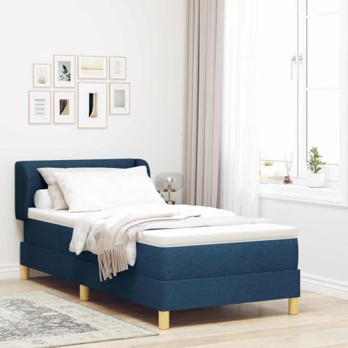 Runheo Boxspringbett mit Matratze, verstellbarem Kopfteil, Blau, 90 x 190 cm, Stoffbezug, Holzrahmen, langlebiges Einzelbett für Schlafzimmer
