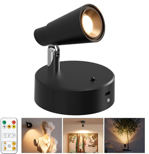 Rechargeable Spotlight Indoor with 5000mAh Battery, Battery Spot Lights with Touch & Remote & 350° Rotation, Plant Uplighters Indoor with 3 Color Modes & Dimmable, Picture Light for Wall Art Statue