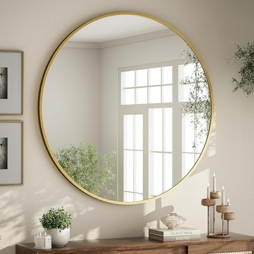 Kdtoll Espejo Redondo 76 cm – Espejos de Pared Moderno con Marco de Aluminio, Espejos Decorativos de Pared para Baño, Dormitorio, Salón y Recibidor, Fácil de Colgar