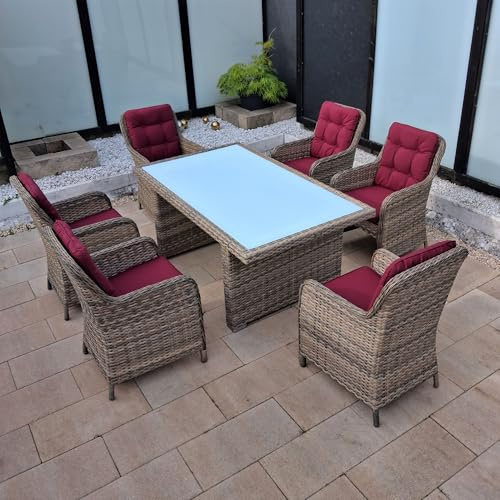 RAGNARÖK PolyRattan - Derutscher Hersteller - Gartenmöbel Essgruppe Tisch 6 Sessel 12 Polster Rostfrei Aluminium Naturfarbene Garnitur (Doppelhalbrund-Rattan) Polster Weiß - Glas Weiß Gartentisch