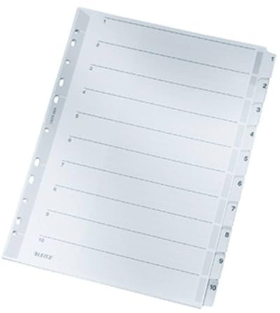 Leitz Register für A4, Deckblatt und 10 Trennblätter, Taben mit Zahlenaufdruck 1-10, Lochrand und bunte Taben folienverstärkt (Mylar), Grau, Karton, 43240000