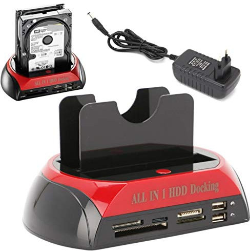 KesCom® ITC22106 USB 2.0 E-SATA Dockingstation IDE PATA und S-ATA 6,35cm (2,5) und 8,9cm (3,5) Festplatten inkl. Kartenleser ; Netzteil und USB Kabel beiliegend