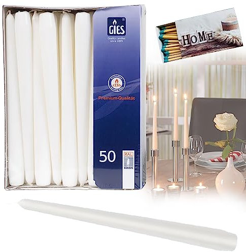 Gies 50er Packung Spitzkerzen Weiss 2,35 x 24,5cm | Tafelkerzen Kerze Brenndauer 7 Stunden