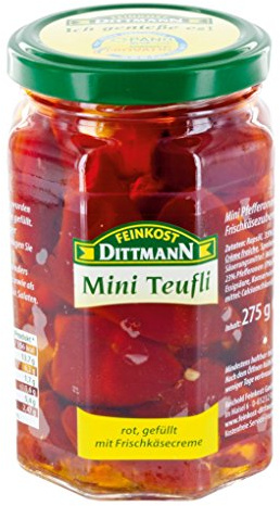 Feinkost Dittmann Mini Teufli - Pfefferonen rot gefüllt mit einer Frischkäsezubereitung Glas