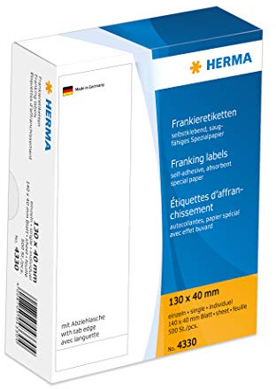 HERMA 4330 Frankieretiketten für Frankiermaschinen, 130 x 40 mm, 500 Stück, selbstklebend, matt, einzeln, Papier Frankier-Etiketten Klebeetiketten Aufkleber mit Abziehlasche, weiß