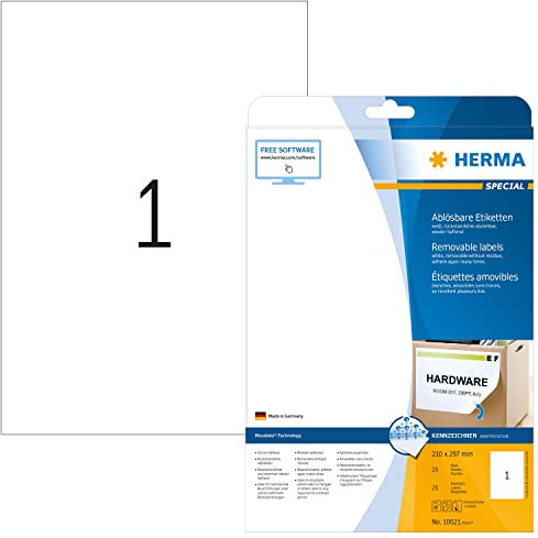 HERMA 10021 Universal Etiketten ablösbar, 800 Blatt, 210 x 297 mm, 1 pro A4 Bogen, 800 Stück, selbstklebend, bedruckbar, matt, blanko Papier Klebeetiketten Aufkleber, weiß