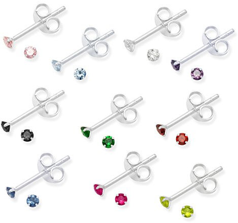 Heather Needham Set 10 PAIRS Genuine Sterling Silver Cubic Zirconia stud Earrings - Colours as shown in photos - SIZE: TINY TEENY 2mm - Gift Boxed 5548SET