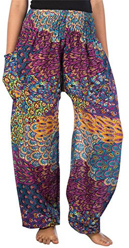 Lofbaz Damen Boho Haremshose Festival Outfit Sommerhose Leicht Yogahose Pumphose Hippie Hose Kleidung Sommer Hosen - Peacock 3 Violett M