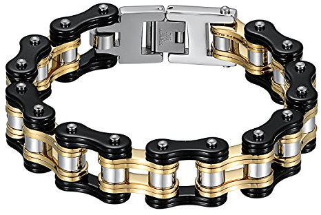 JewelryWe Schmuck Herren Biker Kette Armband, Groß Schwer DREI Töne Hochglanz Poliert Fahrradkette Motorradkette Armkette Armreif aus Edelstahl, Schwarz Gold Silber