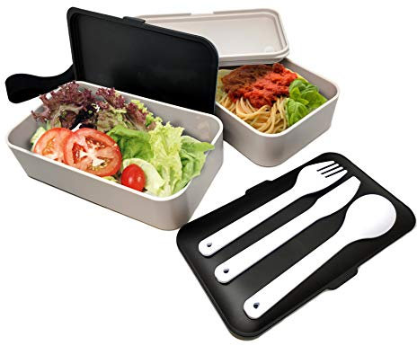 NERTHUS FIH 415 Lunch Box hermético Doble con Cubiertos, Blanco y Negro, Única