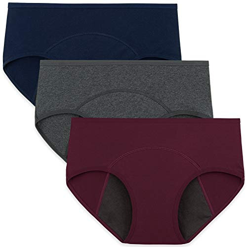 INNERSY Periodenslips Frauen Menstrual Panties Baumwolle Teenager Mädchen Slips Mehrpack 3 (XS, Weinrot/Marine/Grau-dunkler Schritt)