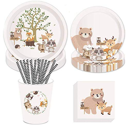 69Pcs Forest Animals Party Tableware Dinnerware Paper Plates Napkins Cups Disposable Dinner Dessert Plates Paper Straws for Birthday Party Suppplies,Weddings,Anniversary（8 Guest）
