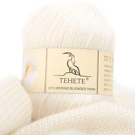 TEHETE Merinowolle Garn zum Stricken und häkeln, Handstrickgarn Schurwolle, 250 Metern 3 Fäden 50g per Knäuel,weich und leicht,Weiß
