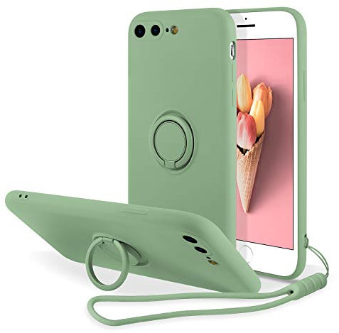 UEEBAI Case for iPhone 7 Plus iPhone 8 Plus, Ultra Slim TPU Shockproof Case Liquid Silicone Case Rotatable Ring Holder Kickstand with Magnetic Car Mount Gel Rubber Cover Wrist Strap - Matcha Green