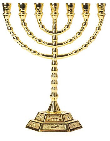 Gold 12 Stämme Symbole Symbol Kerzenhalter Dekor Judaica 7 Zweig Israel Menorah 20 * 16 cm