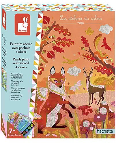 Janod - Set Perlmuttfarbe mit Schablone 4 Jahreszeiten - Les Ateliers du Calme - Set für kreative Freizeitbeschäftigungen für Kinder - Feinmotorik und Konzentration - Ab 7 Jahren, J07952