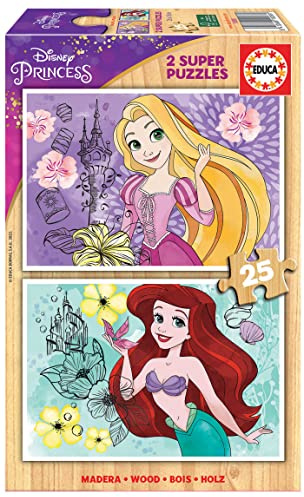 Educa - Disney Prinzessinnen, 2 x 25 Teile Holzpuzzleset für Kinder ab 3 Jahren, Princess (19288)