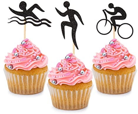 24 PCS Black Glitter Triathlon Cupcake Toppers Swimming Running Cycling Picks for Sports Theme Party Birthday Wedding Baby Shower Anniversary Party Cake Dessert Decorations Supplies