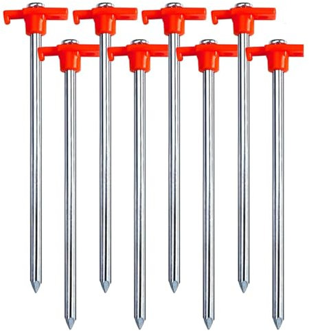 Almineez 8 x Ground Stake Tent Pegs Galvanised Steel T Hooks Anchors Rebar 25cm For Camping Tents Trampoline Canopies Swing Landscape Anti-Rust Storm Proof Pins - Ideal for Hard Rocky Ground