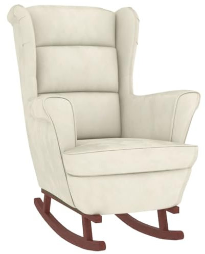 vidaXL Schaukelstuhl mit Massivholz-Gummibeinen Relaxstuhl Schaukelsessel Schwingsessel Relaxsessel Schwingstuhl Polstersessel Sessel Creme Samt