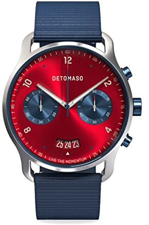 DeTomaso SORPASSO MACCHINA Silver Rot Herren-Armbanduhr Analog Quarz Nylonarmband Dunkelblau