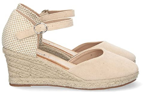 70868-Sandalia de Cuna para Mujer, Estilo Valenciana, Forrada de Yute, Pala Cerrada, y Cierre de Hebilla, Primavera Verano 2023. Talla 40 Beige