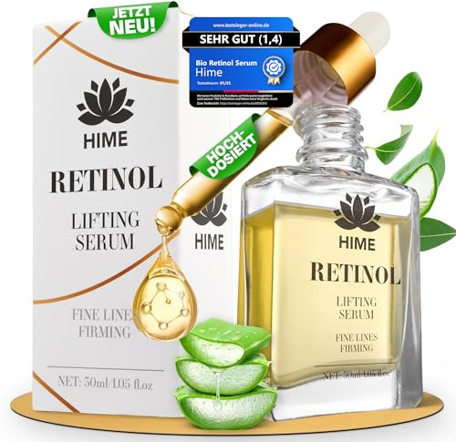 Retinol Serum 1% [hochdosiert] - Anti-Aging-Formel mit Aloe Vera & Hyaluronsäure | Faltenreduktion, Feuchtigkeits-Booster für empfindliche Haut, Vitamin A & E – ohne Zusatzstoffe| Hime®
