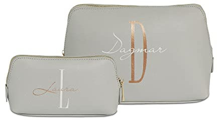 Kosmetiktasche personalisiert Initial + Name, Kulturtasche, Schminktasche, Geschenk für Damen, Make-Up Tasche – Grau, Set