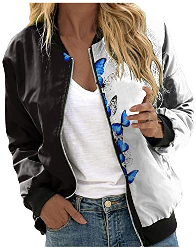 Damen Jacke Sommer Leicht Lang Dünne Pilotenjacke Bequeme Leichte Jacken Fliegerjacke Reißverschluss Mantel Baseball Jacke Leicht Langarm Bomberjacke Sommerjacke für Mädchen